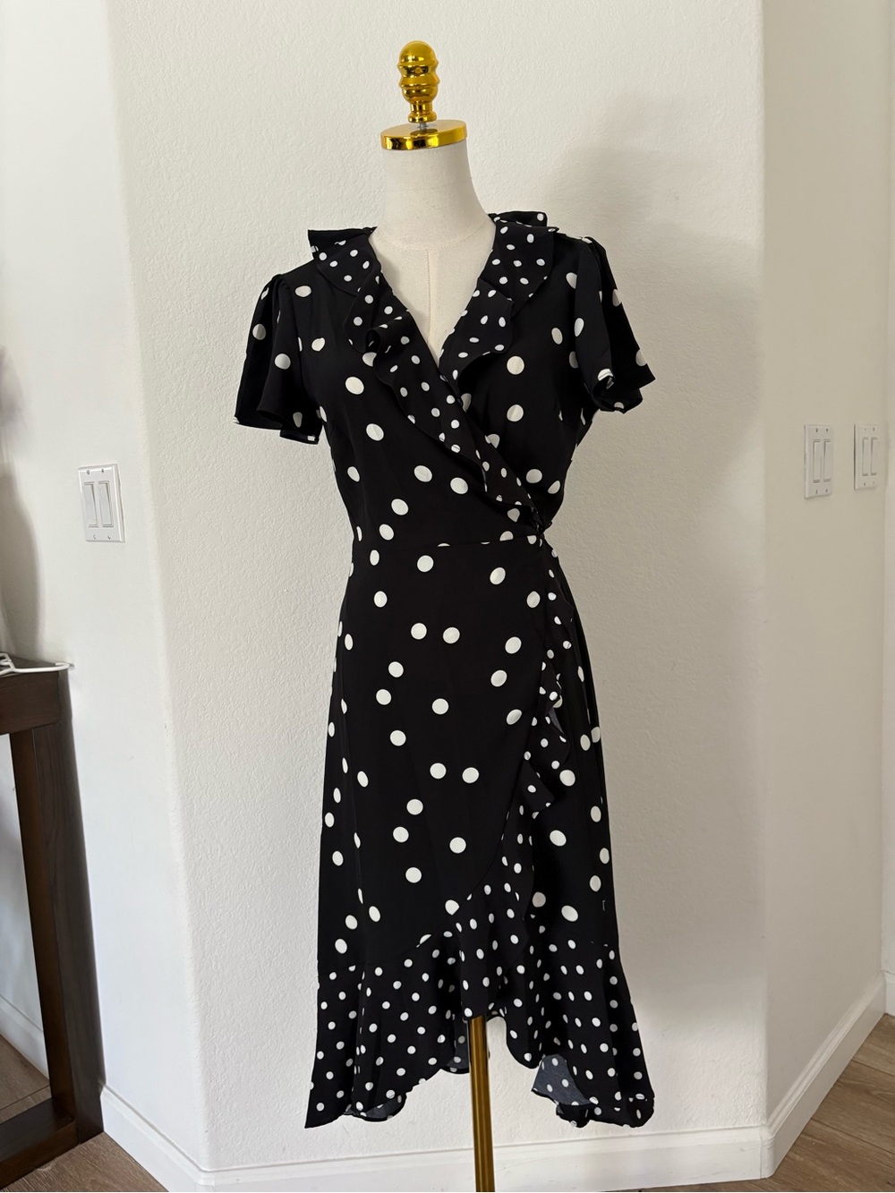 Allie & Rob Black and White Polka Dot Midi Wrap Dress